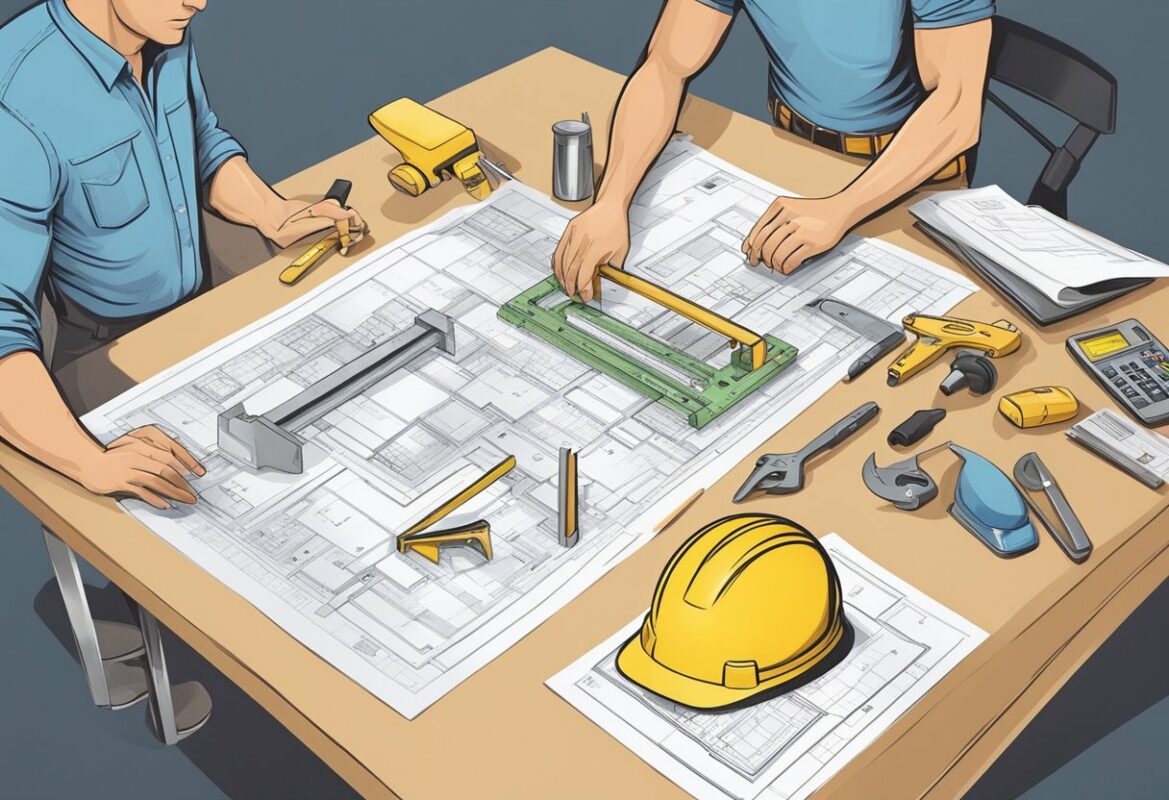 A builder weighing the pros and cons of being an owner, surrounded by blueprints and tools