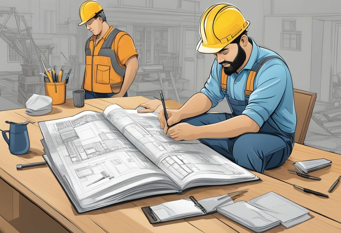 A person reading a guidebook on "Owner-Builder Approach" with a list of pros and cons, surrounded by blueprints and construction tools