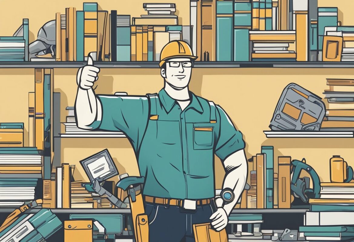 A person holding a toolbox, surrounded by books and tools. One side shows a thumbs-up sign, the other a thumbs-down