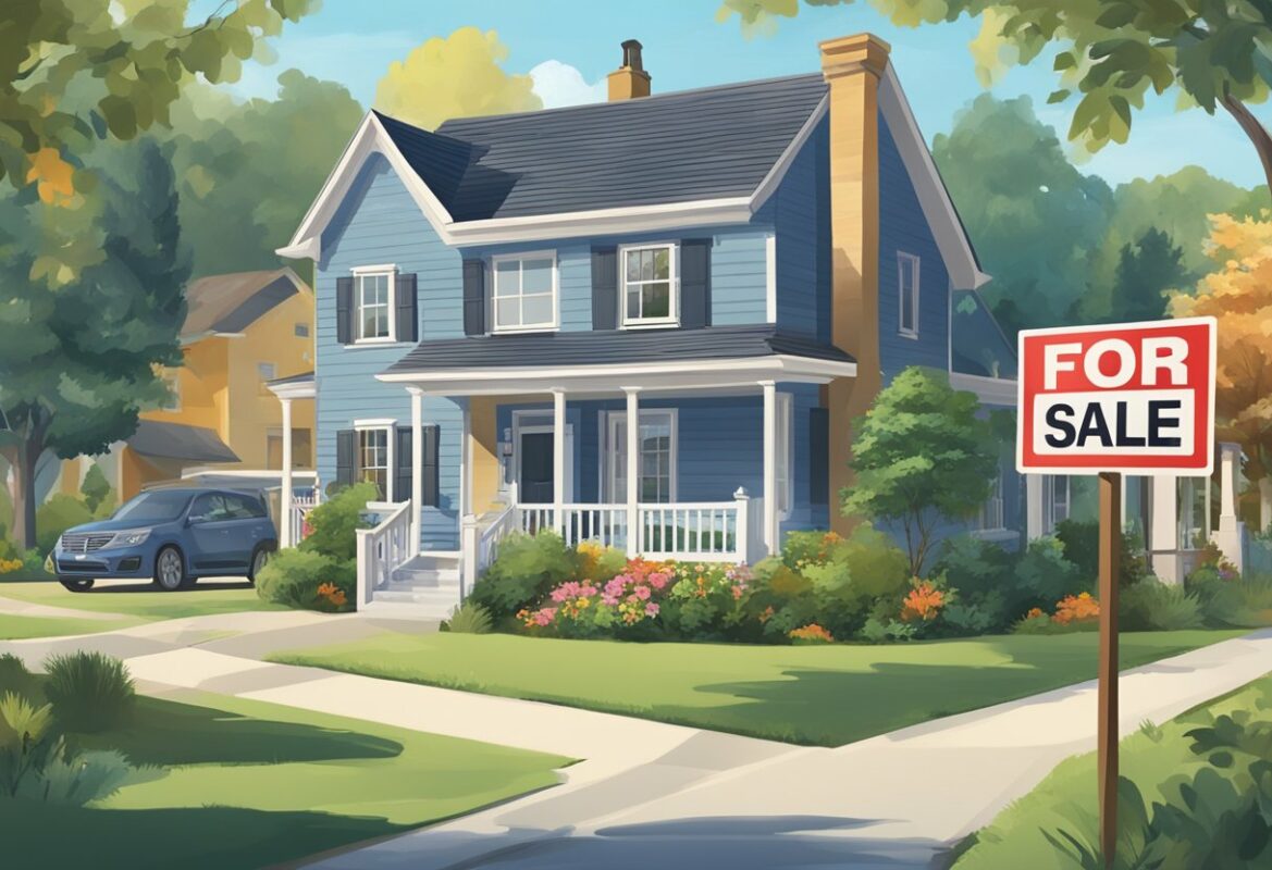 A house with a "For Sale" sign in front, surrounded by other homes. Pros and cons listed on a sign. Buyers approaching and discussing